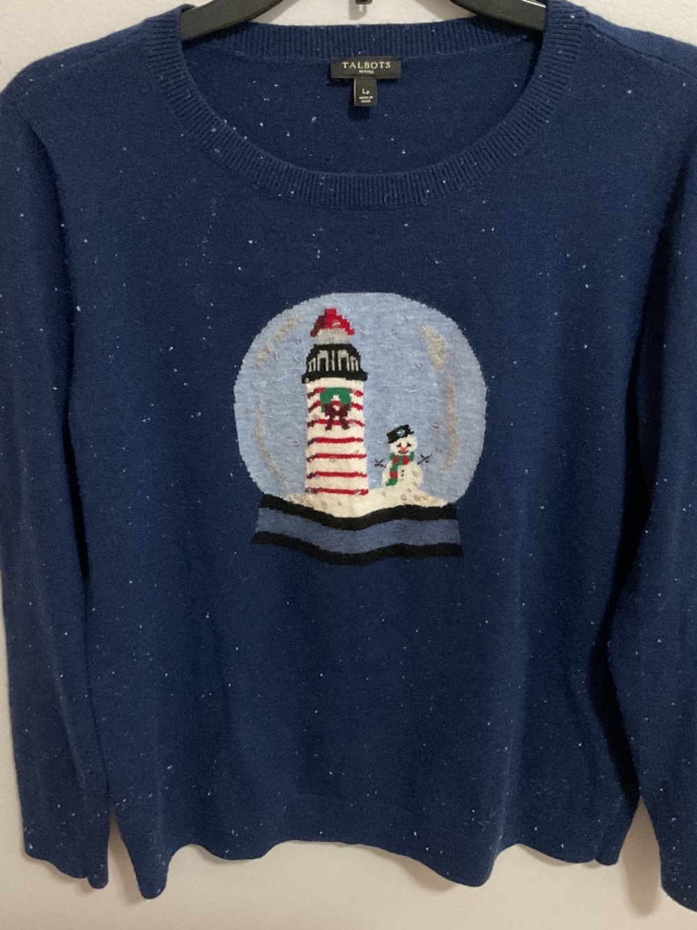 Talbots Coastal Christmas Sequined Snowman Snow Globe Sweater, LG, Petite